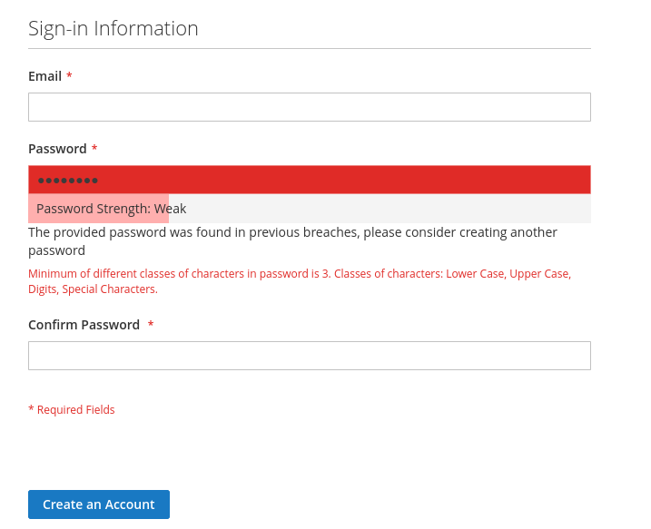 Magento 2 Password breach checker module in action