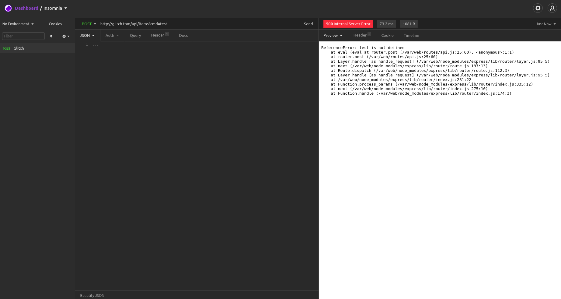 TryHackMe Glitch API POST Insomnia