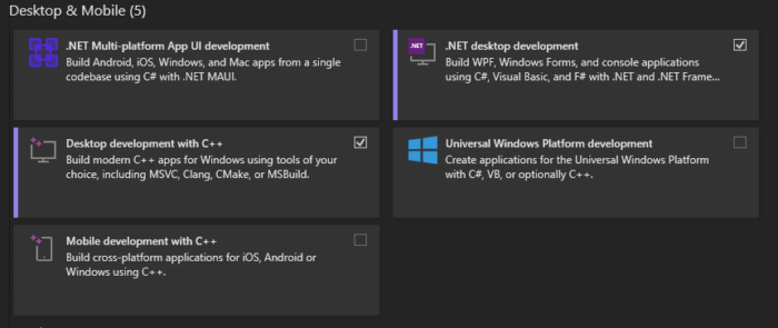 VS2022 desktop and mobile components